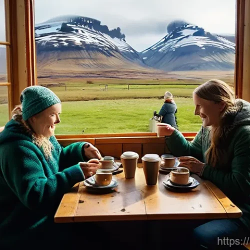 Home 26 아이슬란드 저렴한 숙박 시설 - **Prompt:** "A heartwarming scene inside a rustic Icelandic countryside guesthouse. A smiling, modes...