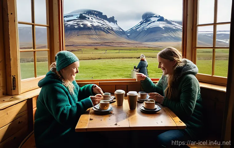 아이슬란드 저렴한 숙박 시설 - **Prompt:** "A heartwarming scene inside a rustic Icelandic countryside guesthouse. A smiling, modes...