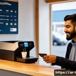 아이슬란드에서 신용카드 사용 가능 여부 - A modern Icelandic caf&eacute; scene showing a young Arab man using a Visa credit card to pay for coffee at...