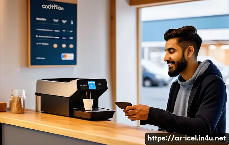 아이슬란드에서 신용카드 사용 가능 여부 - A modern Icelandic caf&eacute; scene showing a young Arab man using a Visa credit card to pay for coffee at...