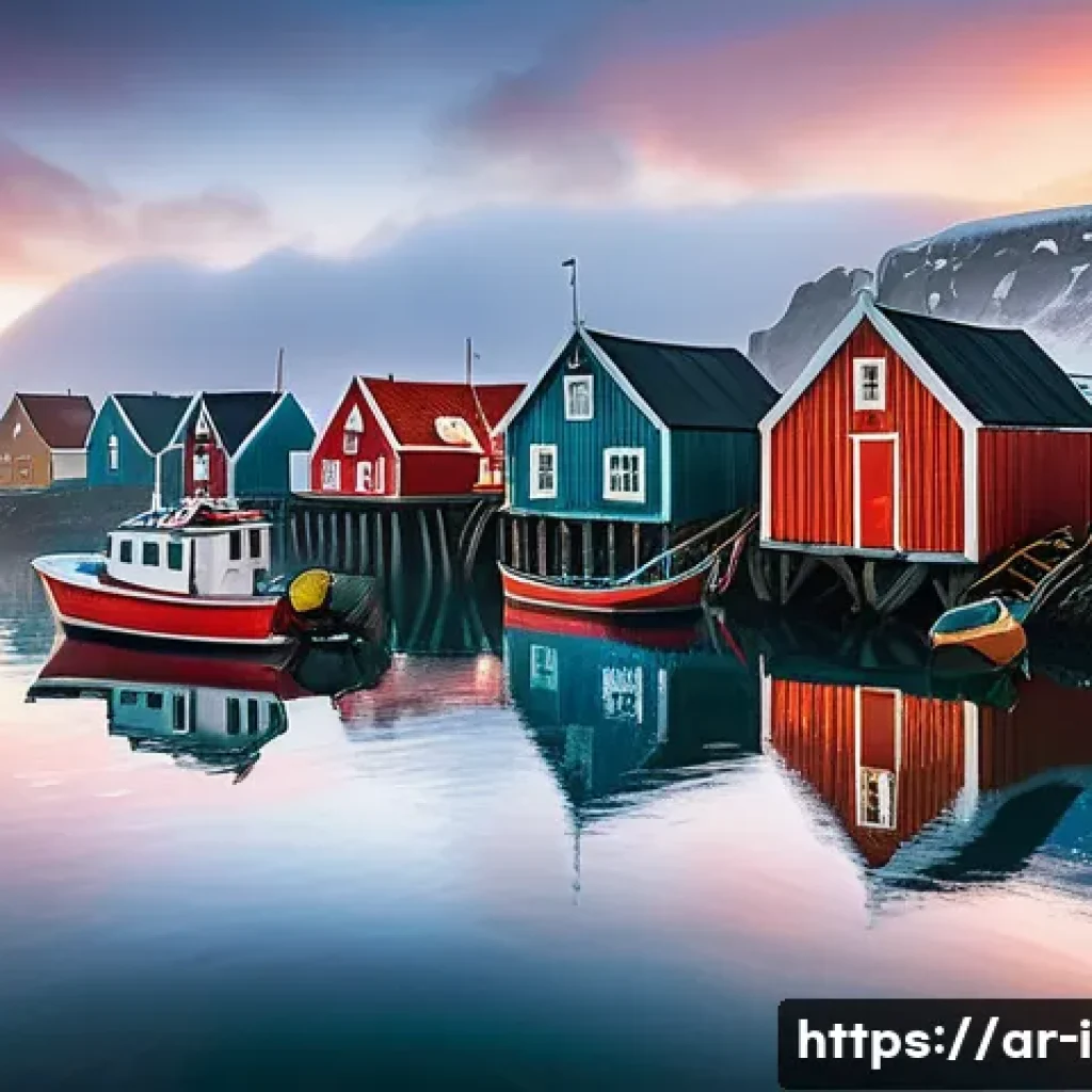 아이슬란드 vs 덴마크 경제 구조 - A vibrant Icelandic fishing village at dawn, with colorful boats docked by the harbor, fishermen in ...