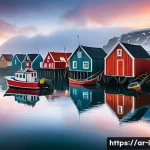 아이슬란드 vs 덴마크 경제 구조 - A vibrant Icelandic fishing village at dawn, with colorful boats docked by the harbor, fishermen in ...