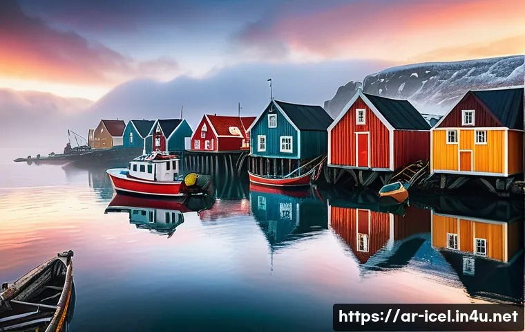아이슬란드 vs 덴마크 경제 구조 - A vibrant Icelandic fishing village at dawn, with colorful boats docked by the harbor, fishermen in ...