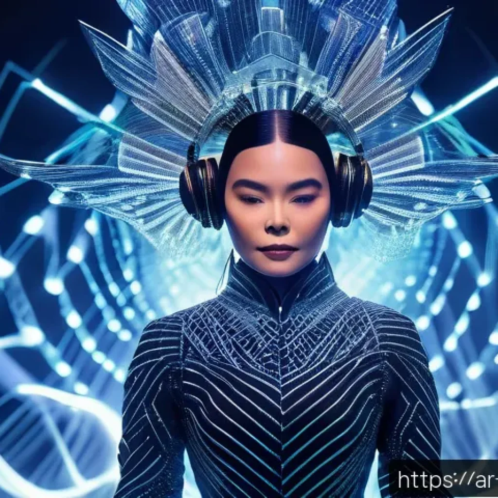 비외르크  Bj&ouml;rk  음악과 영향 - A futuristic concert scene featuring a female performer inspired by Bj&ouml;rk, wearing avant-garde, high...