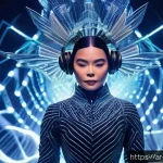 비외르크  Bj&ouml;rk  음악과 영향 - A futuristic concert scene featuring a female performer inspired by Bj&ouml;rk, wearing avant-garde, high...