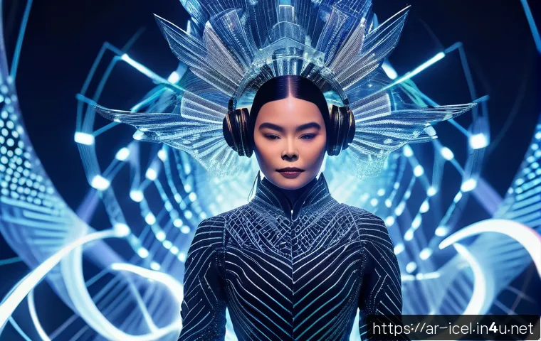비외르크  Bj&ouml;rk  음악과 영향 - A futuristic concert scene featuring a female performer inspired by Bj&ouml;rk, wearing avant-garde, high...