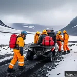아이슬란드 비상 연락망 - A detailed and realistic scene of an Icelandic mountain rescue operation in a remote snowy landscape...