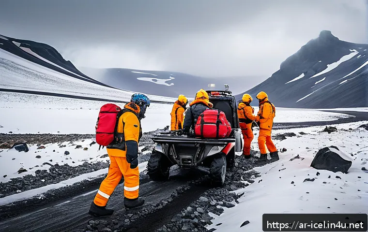 아이슬란드 비상 연락망 - A detailed and realistic scene of an Icelandic mountain rescue operation in a remote snowy landscape...